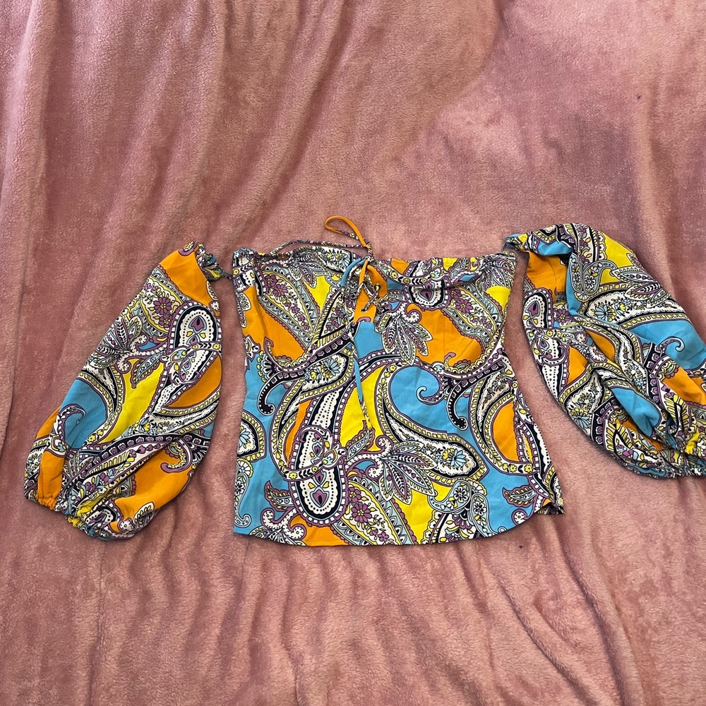 VENUS Paisley Off-Shoulder Blouse in Orange and Blue